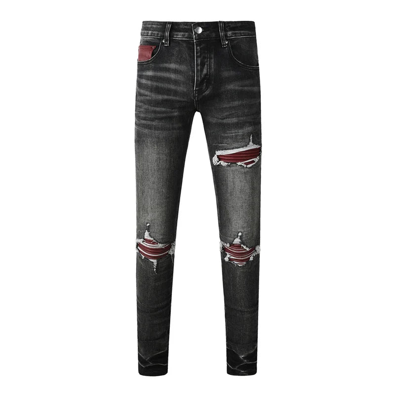 Fashionable new men's jeans with pleats, washed water, nostalgic perforations, red patches, men's black and gray jeans, high str